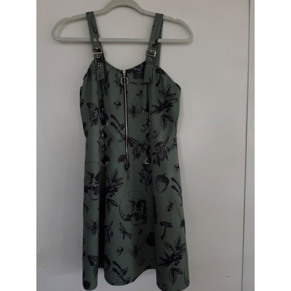 Olive Green Skull Butterfly Dress Gothic Grunge Zip Front Buckle Strap Womens